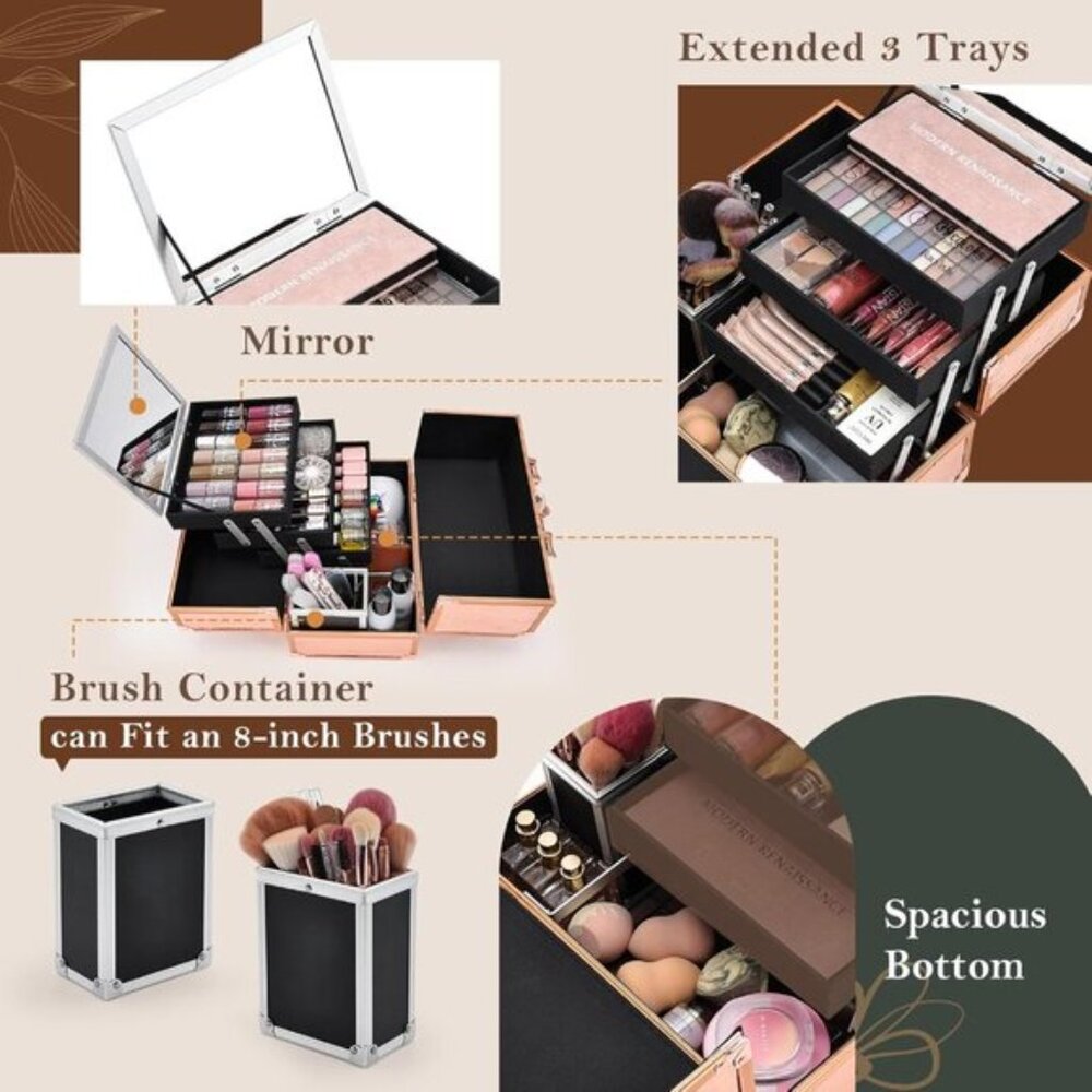 New 11.8In Rose Gold Makeup Case with Mirror, Portable Cosmetic Organizer Box - Picture 6 of 9